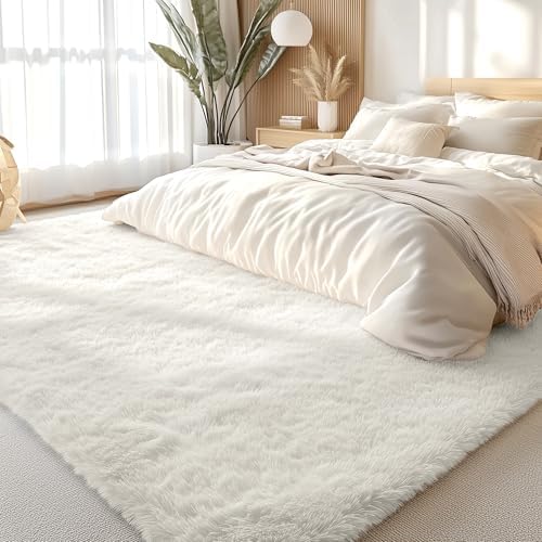 OLANLY 9x12 Machine Washable Large Area Rugs for Living Room, Bedroom, Soft Fluffy Shaggy Bedside Rug, Indoor Floor Carpet for Kids Girls and Boys, Dorms, Nursery, Home Decor Aesthetic, Ivory