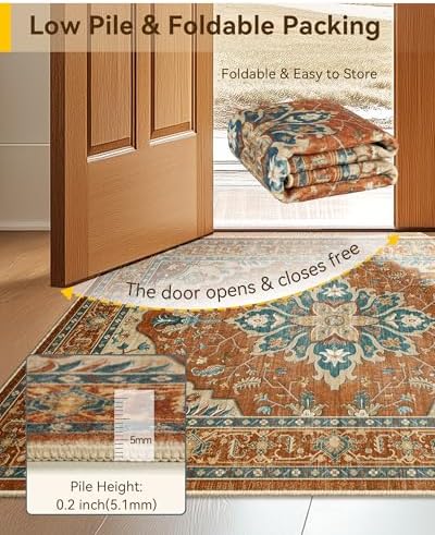 RELEANY Washable Area Rug, 3'x5', Red/Orange/Blue/Brown