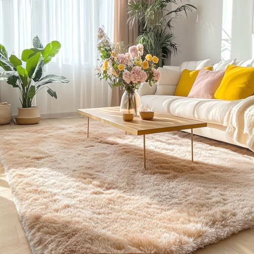 OLANLY Area Rugs for Living Room Bedroom, Machine Washable 4x5.9 ft Soft Fluffy Shaggy Bedside Rug, Indoor Floor Carpet for Kids Girls and Boys, Dorms, Nursery Rooms, Home Decor Aesthetic, Beige