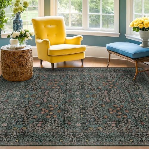 Dark Green 4x6 Entryway Rug, Washable Area Rug 4x6 for Living Room, Bedroom, Large Kitchen, Ultra Soft Non Slip Stain Resistance, Floral Distressed Aethestic Design