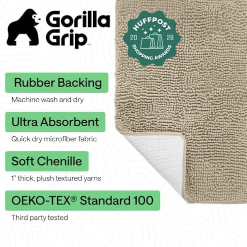 GORILLA GRIP Bath Rug Mat for Bathroom, Absorbent Chenille, 30x20 Sand