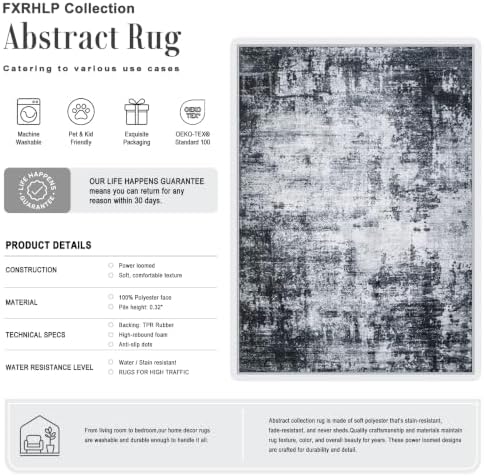 6x9 Area Rug Living Room Rug: Washable Modern Abstract Soft Thin Rug Indoor Floor No Slip Stain Resistant Carpet for Bedroom Dining Room Farmhouse Nursery Home Office - Dark Black