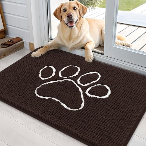 OLANLY Dog Door Mat for Muddy Paws 35x24, Paw Print Design Chenille Mud Mat