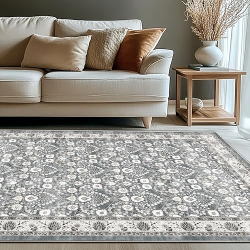 3x5 Entryway Area Rug: Light Blue & Grey Persian Floral Small Area Rugs, Washable Non-Slip Throw Rug,Under Table Carpet Rugs for Bedroom 3x5,Kitchen Mat