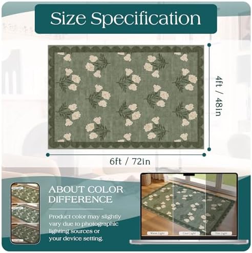 4x6 Covered Outdoor Patio Rug - Green Washable Front Porch Entry Rug Non-Slip Door Mat Indoor Outside Entrance Vintage Floral Scalloped Area Rug for Living Room Entryway Backyard Porch Decor