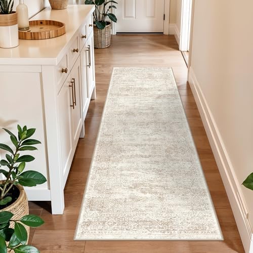 2x6 Runner Rug Hallway Washable, Non Slip with Rubber Backing Carpet for Kitchen Bathroom Neutral Moroccan Vintage Oriental Distressed Area Rugs for Bedroom Laundry Room Entry Entryway, Cream/Beige