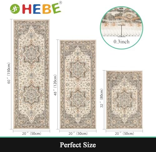 HEBE Boho Kitchen Rugs Set of 3, Non Slip Washable Kitchen Mats for Floor