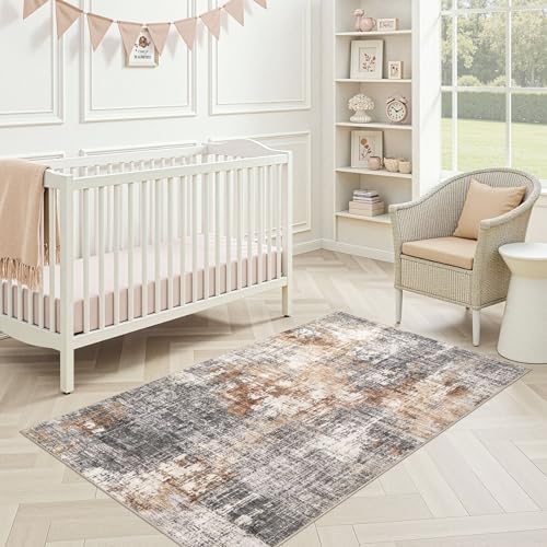 DMOYEST Washable Area Rug: 3x5 ft Abstract Small Rugs for Entryway Kitchen Living Room Bedroom - Non Slip Modern Neutral Carpet Indoor Front Door - Grey Brown