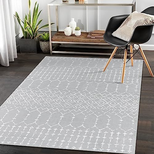 Lahome Moroccan Washable Living Room Area Rug 3x5 Small Rugs for Bedroom Throw Non-Slip Low-Pile Entryway Rug Kitchen Rugs Soft Grey Distressed Capet for Office Bathroom Laundry Room Dining Room Hana