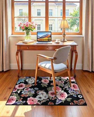 Macgace Floral Area Rug for Entryway, Washable 2x3 Black Small Rugs