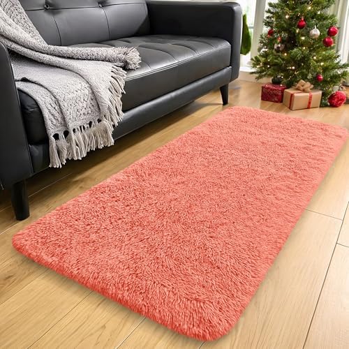 OLANLY 2x4 Machine Washable Runner Rugs for Hallway, Soft Fluffy Shaggy Bedside Rugs for Bedroom, Living Room, Indoor Floor Carpet for Kids Girls and Boys, Home Decor Aesthetic, Coral Red