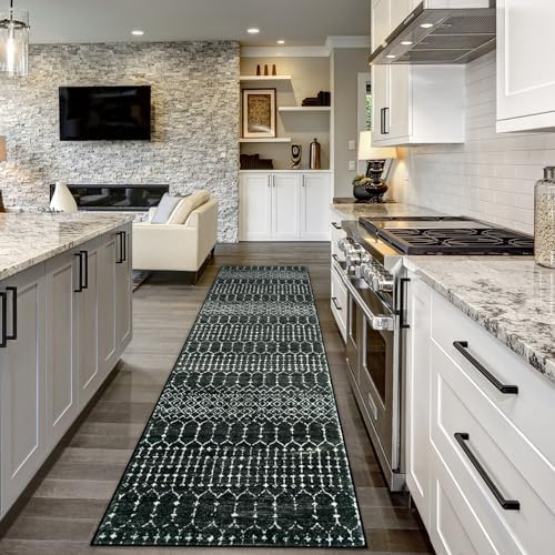 Lahome Moroccan Runner Rugs for Hallway 2x10, Long Kitchen Rugs Runner Washable Ultra-Thin Non Slip Carpet, Soft Modern Geometric Print Carpet for Entryway Stair (Black, 2'x10') Hana