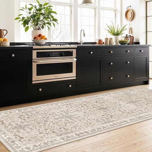 3x10ft Hallway Runner Rug Non-Slip Washable – Soft Long Carpet Runner for Kitchen Indoor Entryway,Boho Floral Low Pile Thin Wide Rug Runner with Rubber Backing (Beige,3x10)