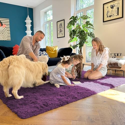 OLANLY 2x8 Machine Washable Runner Rugs for Hallway, Soft Fluffy Shaggy Bedside Rugs for Bedroom, Living Room, Indoor Floor Carpet for Kids Girls and Boys, Home Decor Aesthetic, Dark Purple