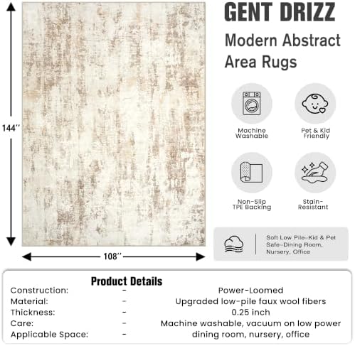 9x12 Area Rugs for Living Room: Washable Abstract Beige Grey Bedroom Carpet