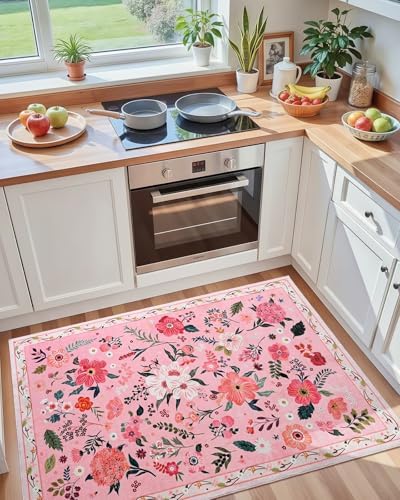 Macgace Floral Area Rug for Bedroom, Machine Washable 3x5 Pink Throw Rugs