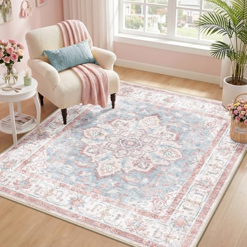 CAPALOCA Square 5ft Washable Nursery Girls Low Pile Area Rug Pink Blue