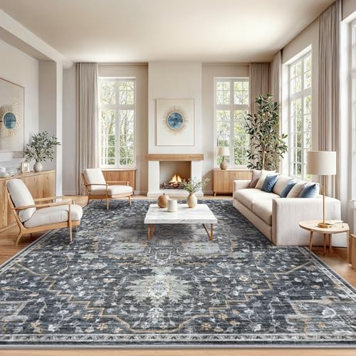 Amada Large 10x14 Washable Area Rug for Living Room, Gray/Gold, Vintage