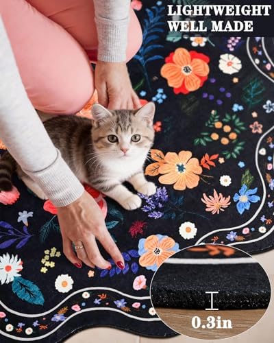 Macgace Floral Round Rug for Girls Bedroom, Washable 4ft Black Area Rugs