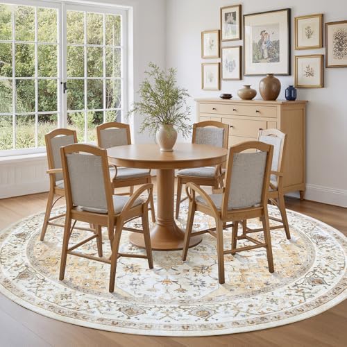 Amada Round 6x6 Washable Area Rug for Living Room, Beige, Vintage Style