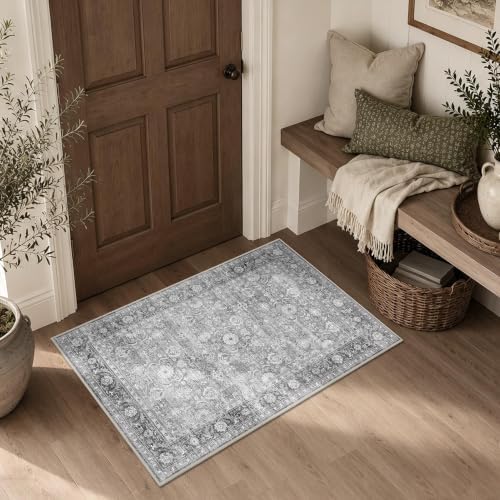 JOOJA 2x3 Grey Vintage Low Pile Non Slip Washable Boho Entryway Throw Rug
