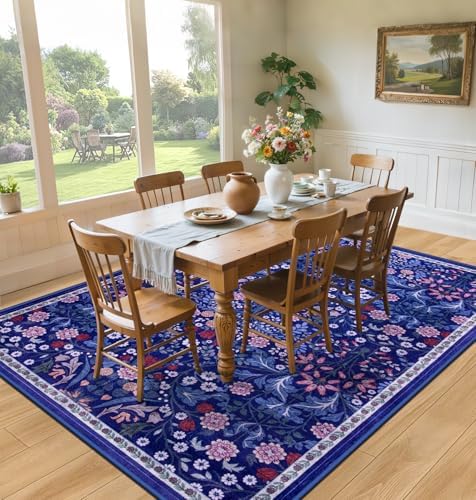 PLHXFR Area Rug 10x14 Living Room: Floral Washable Boho Soft Carpet Blue