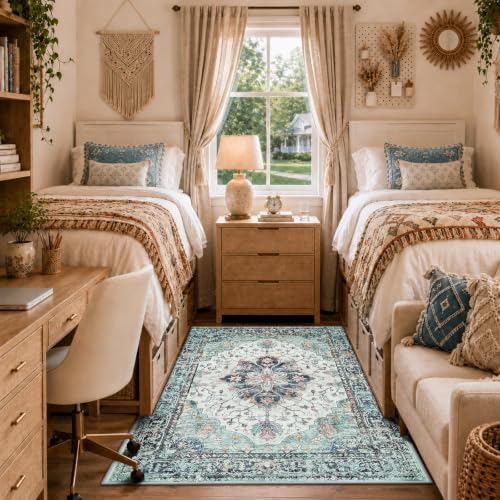 RELEANY Washable Area Rug, 4'x6', Teal Green/White/Navy
