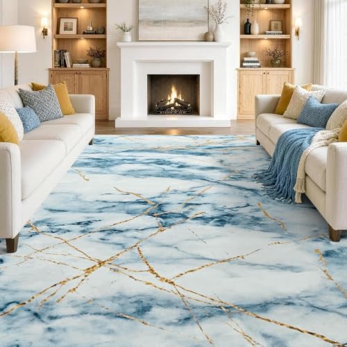 6x9 Washable Non-Slip Area Rug for Living Room (Gold Blue)