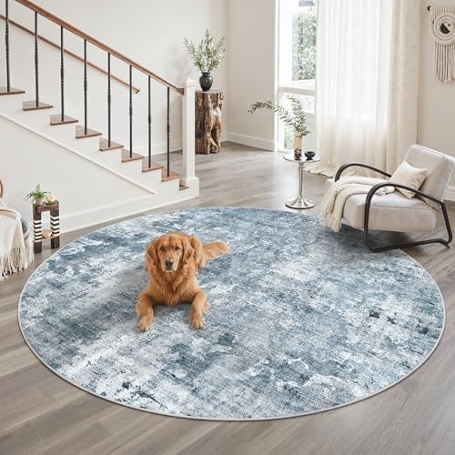 Soalmost Round Rugs 9ft Living Room Circle Area Rug 9x9 Blue/Grey Vintage