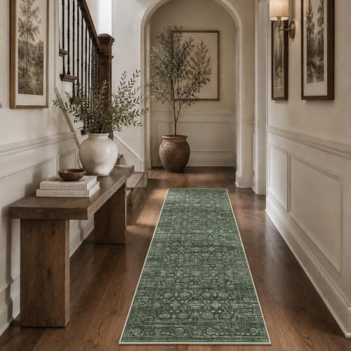 JOOJA 2'6"x8' Dark Olive Green Vintage Boho Runner Washable Hallway Rug