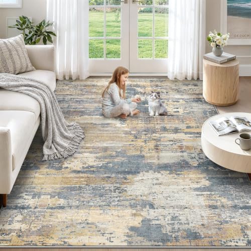 XLUEZ 5x7 Area Rugs for Living Room, Washable Modern Abstract Large Area Rug Neutral Soft Non Slip Kids Rug Stain Resistant Indoor Carpet for Bedroom Nursery Dining Room Playroom(BlueBeige, 5'x7')