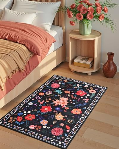 Macgace Floral Area Rug for Entryway, Washable 2x3 Black Small Rugs