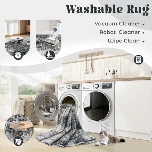 XLUEZ 5x7 Area Rugs for Living Room, Washable Modern Abstract Large Area Rug Neutral Soft Non Slip Kids Rug Stain Resistant Indoor Carpet for Bedroom Nursery Dining Room Playroom(BlackGrey, 5'x7')