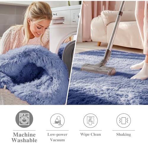 OLANLY Denim Blue Round Rugs for Bedroom - Machine Washable, 8 ft Circle Area Rugs for Living Room, Soft and Fluffy Shaggy Carpet for Teen Girl and Boys, Nursery Rooms, Dorms, Home Decor Aesthetic