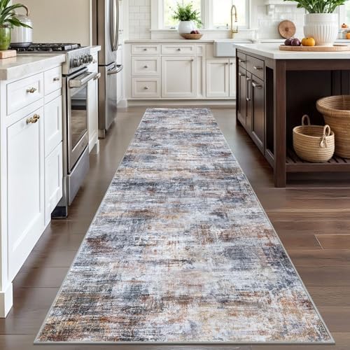 IOHOUZE Abstract Runner Rug 3x12 Ft Washable Runners for Hallways, Non Slip Kitchen Runner Printed Faux Wool Entryway Runner Indoor, Modern Abstract Floor Carpet for Hall Kitchen, Orange Grey