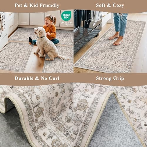 2x10 ft Hallway Runner Rug Washable – Boho Floral Non Slip Long Carpet Runner for Kitchen Entryway Bedroom Living Room, Soft Low-Pile Thin Floor Area Rug (Beige, 2x10)