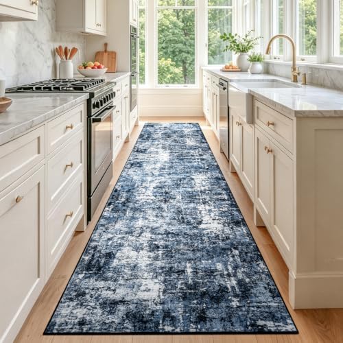 Rugflix 3x20 Runner Rug for Hallway, Washable Navy Blue Long Runners