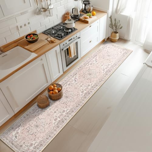 BESTSWEETIE Washable Boho 2x10 Runner Rug for Living Room, Pink Beige Grey