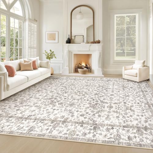 Living Room Rugs 8x10: Washable Moroccan Geometric Boho Rug Farmhouse Non Slip Stain Resistant Large Rug Low Pile Soft Carpet for Bedroom Dining Room Children Room (Grey Floral,8'x10')