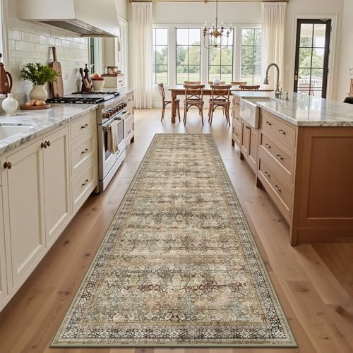 2x10 Hallway Runner Rug, Washable Vintage Retro Long Runner Rugs for Kitchen Laundry, Soft Ultra Thin Non Slip Low Pile Traditional Distressed Boho Carpet for Bedroom Bathroom, Charcoal Olive