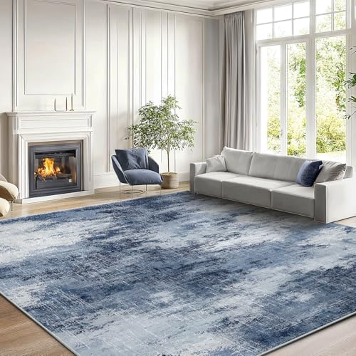 Amada Washable 8'x10' Abstract Area Rug for Living Room Dark Blue
