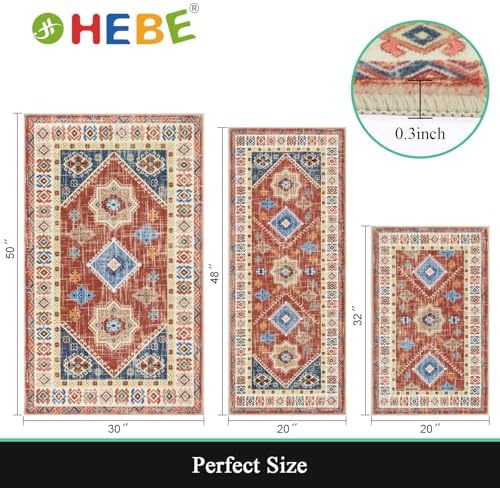 HEBE Boho Kitchen Rugs Set of 3, Non Slip Washable Kitchen Mats for Floor