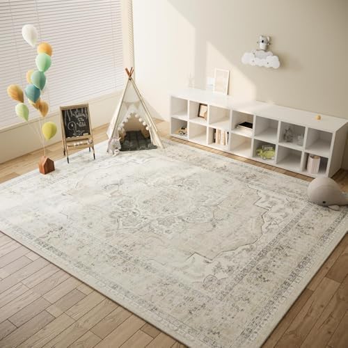 10x12 Area Rugs for Living Room: Large Washable Rug Non Slip Low Pile Soft Faux Wool Non Shedding Distressed Lightweight Vintage Floral Carpet for Bedroom Dining Room Kids Playroom Nursery Farmhouse