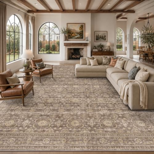 JOOJA 10x12 Neutral Tan Vintage Moody Non Slip Washable Boho Retro Area Rug