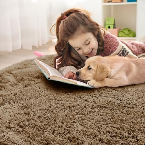 OLANLY Taupe Round Rugs for Bedroom - Machine Washable, 2 ft Circle Area Rugs for Living Room, Soft and Fluffy Shaggy Carpet for Teen Girl and Boys, Nursery Rooms, Dorms, Home Decor Aesthetic