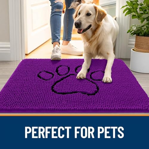 OLANLY Dog Door Mat for Muddy Paws 30x20, Paw Print Design Chenille Mud Mat