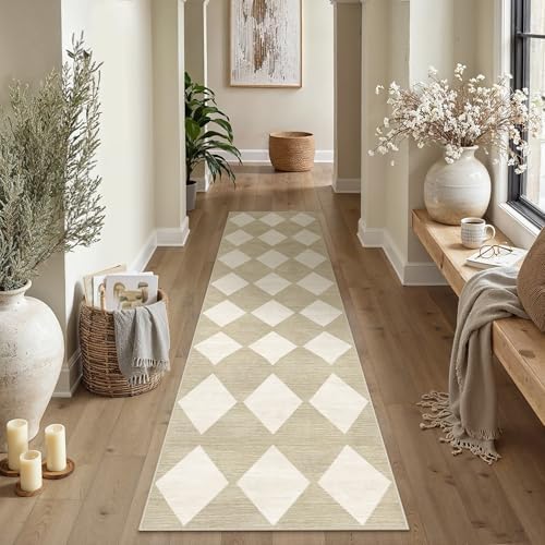 PureCozy 2'6x8 Washable Runner Rug Kitchen Beige Non Slip Checkered Carpet