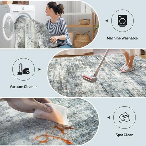 4x6 Area Rugs for Living Room: Washable Abstract Blue Multi Bedroom Carpet