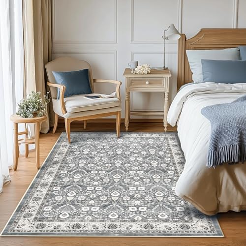 3x5 Entryway Area Rug: Light Blue & Grey Persian Floral Small Area Rugs, Washable Non-Slip Throw Rug,Under Table Carpet Rugs for Bedroom 3x5,Kitchen Mat