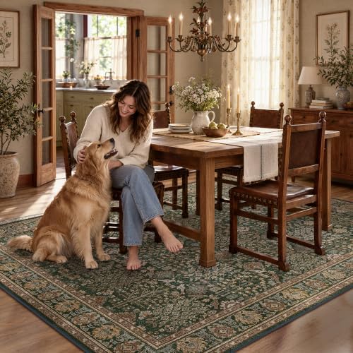 Bavni 5x7 Washable Area Rug for Living Room, Non Slip, Dark Green Brown